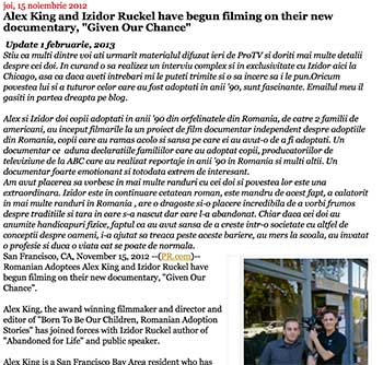 Alex King and Izidor Ruckel have begun filming on their new documentary, "Given Our Chance"