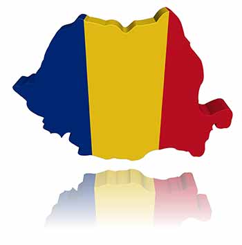 Outline of Romania with flag colors on it