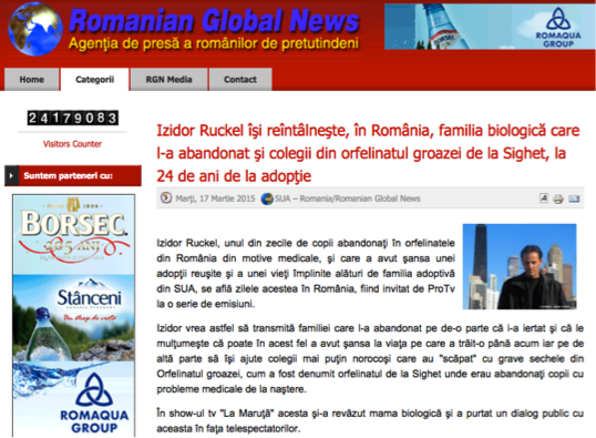 Article about Izidor in Romanian Global News