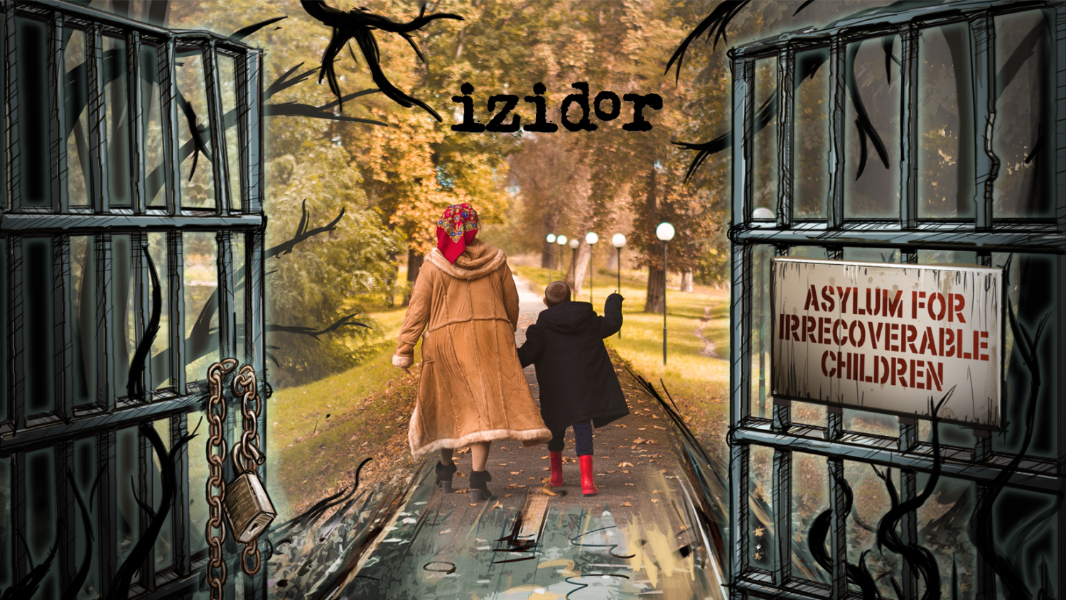 A woman and limping little boy exit through an animated, scary metal gate with the words asylum for irrecoverable children, and out into a beautiful, tree-lined path